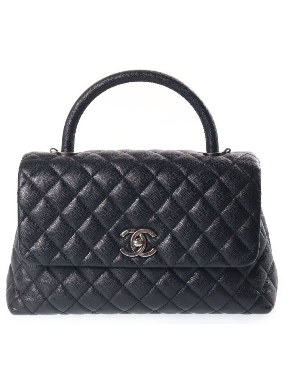 Chanel Quilted Coco Handle Chain Shoulder 2-Way Handbag Silver Caviar Leather